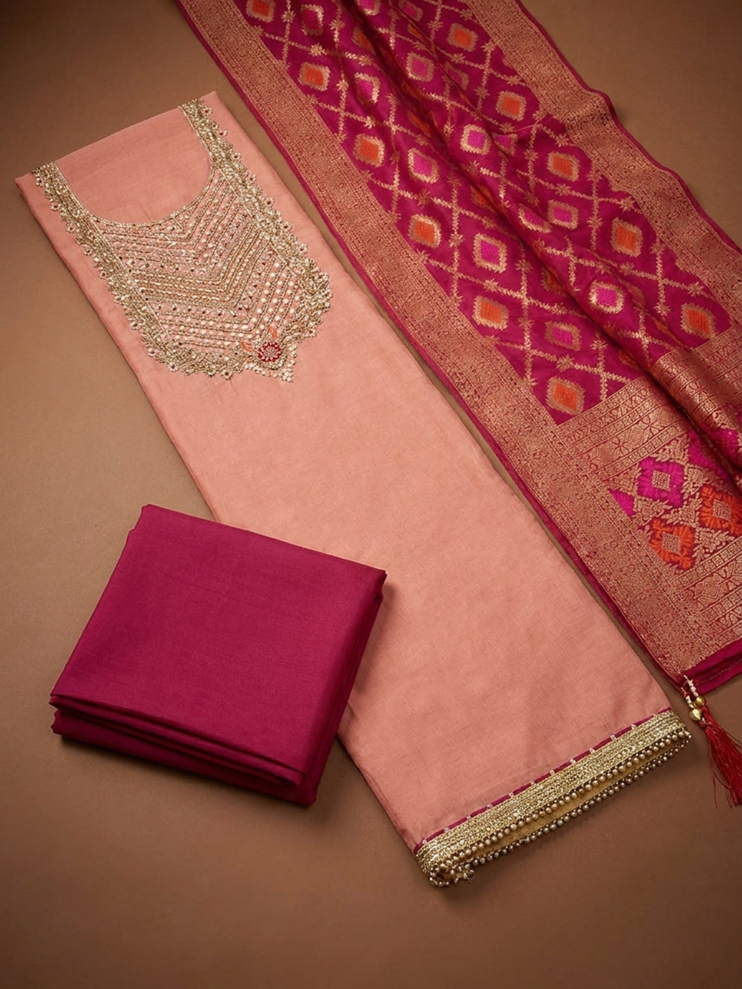 Peach  Chanderi Unstitched Dress Material