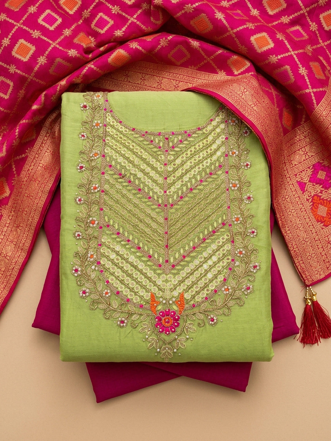 Pista Green  Chanderi Unstitched Dress Material