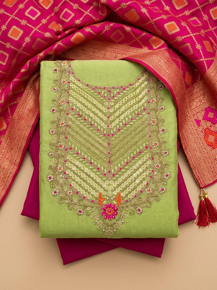 Pista Green  Chanderi Unstitched Dress Material