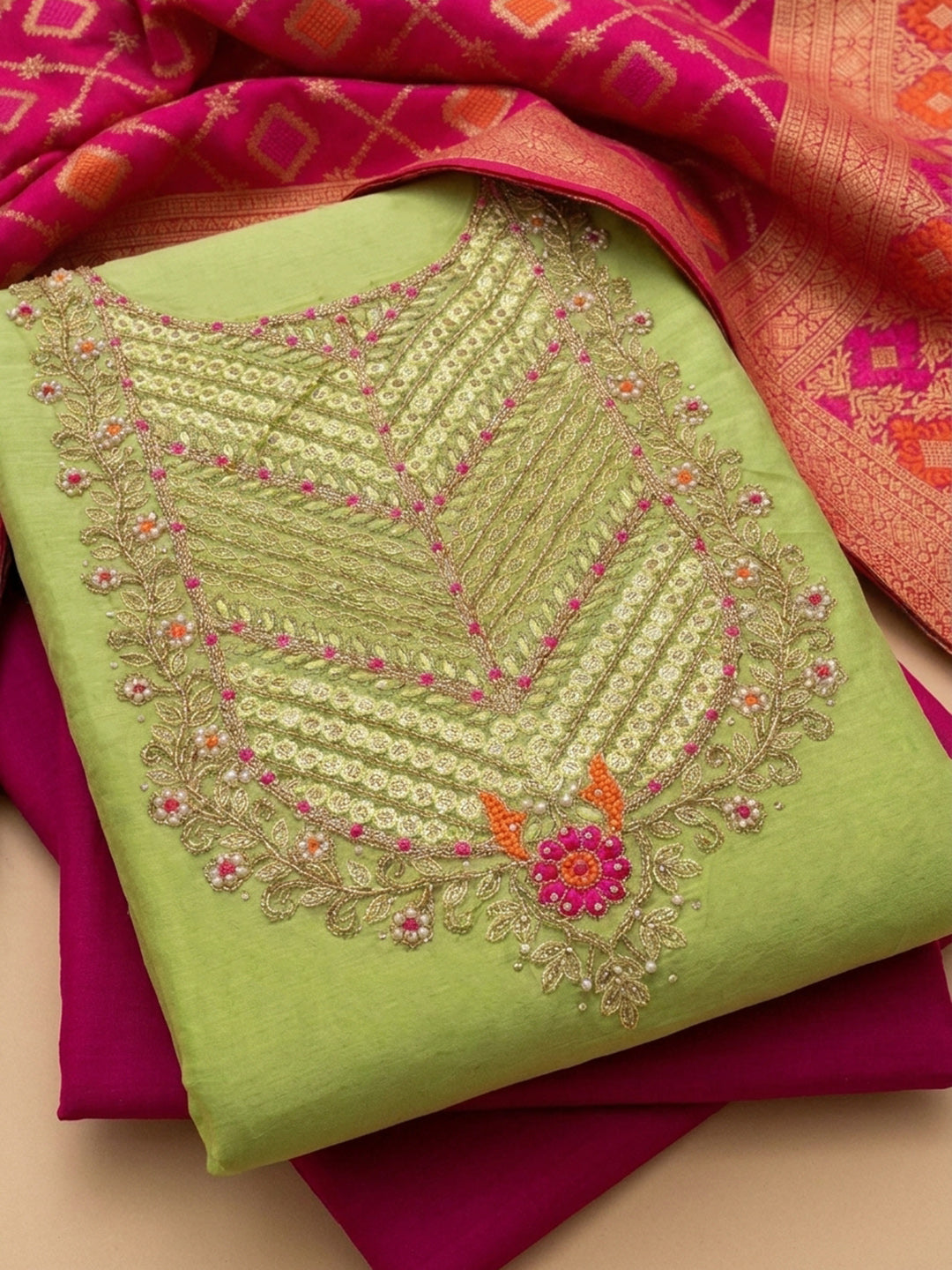 Pista Green  Chanderi Unstitched Dress Material