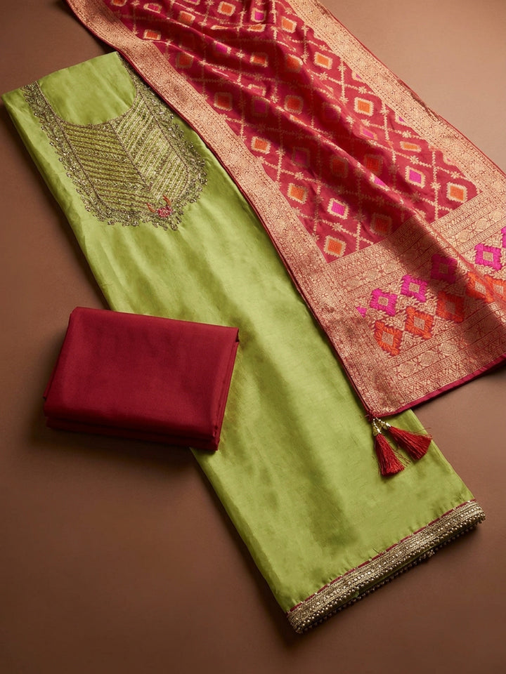 Pista Green  Chanderi Unstitched Dress Material