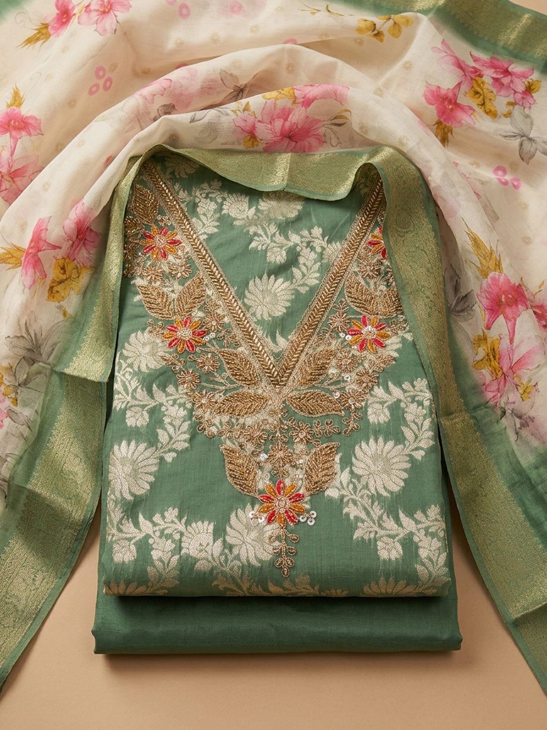 Green  Chanderi Unstitched Dress Material