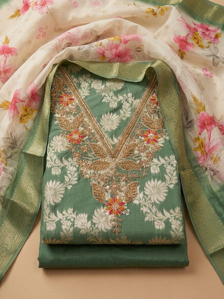 Green  Chanderi Unstitched Dress Material