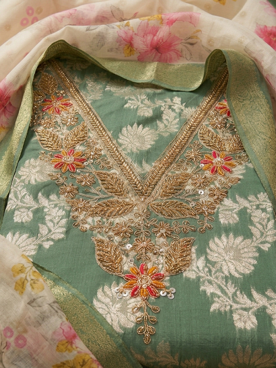 Green  Chanderi Unstitched Dress Material
