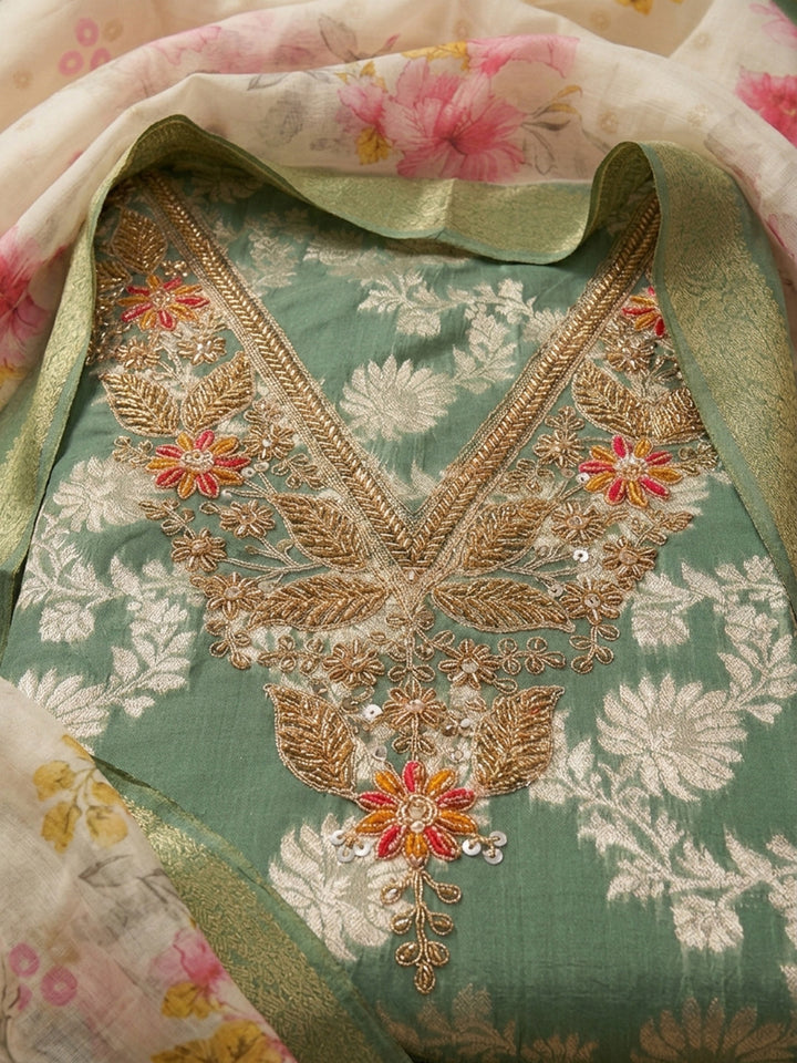 Green  Chanderi Unstitched Dress Material