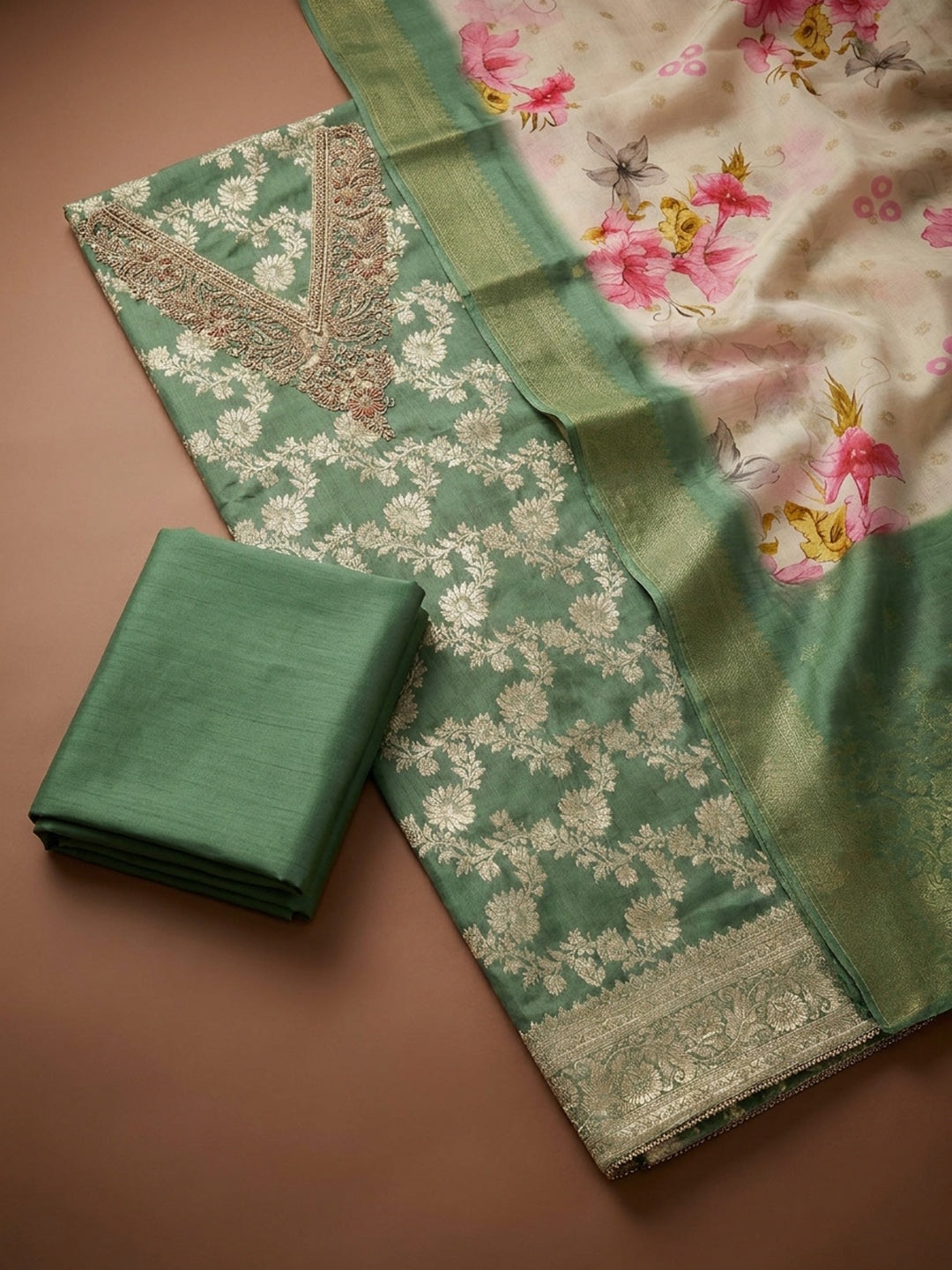 Green  Chanderi Unstitched Dress Material