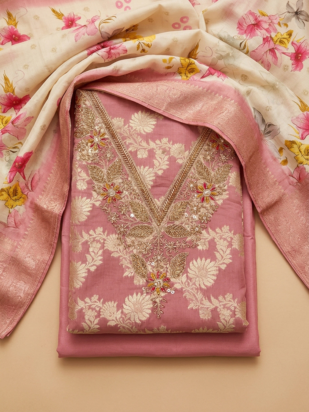 Peach  Chanderi Unstitched Dress Material