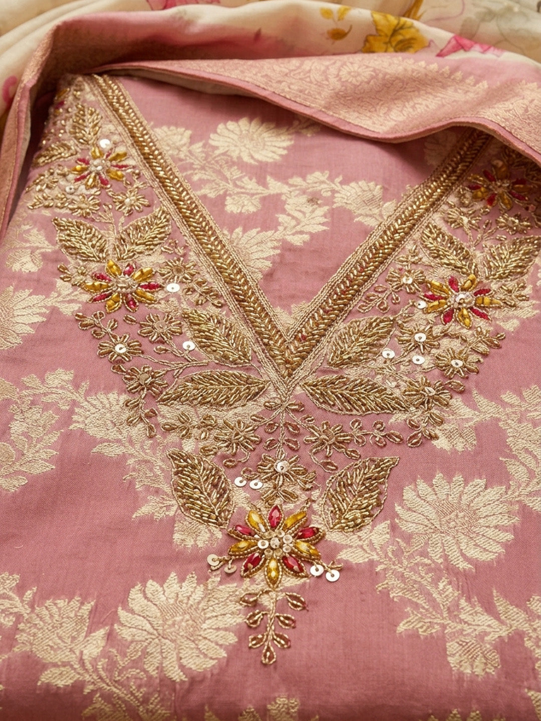 Peach  Chanderi Unstitched Dress Material