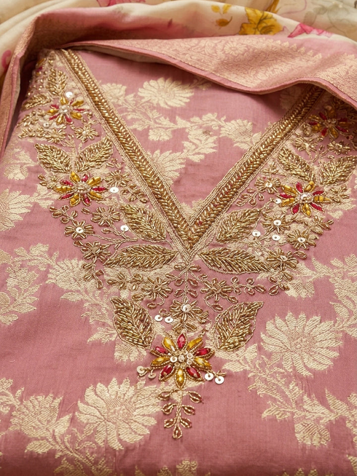 Peach  Chanderi Unstitched Dress Material