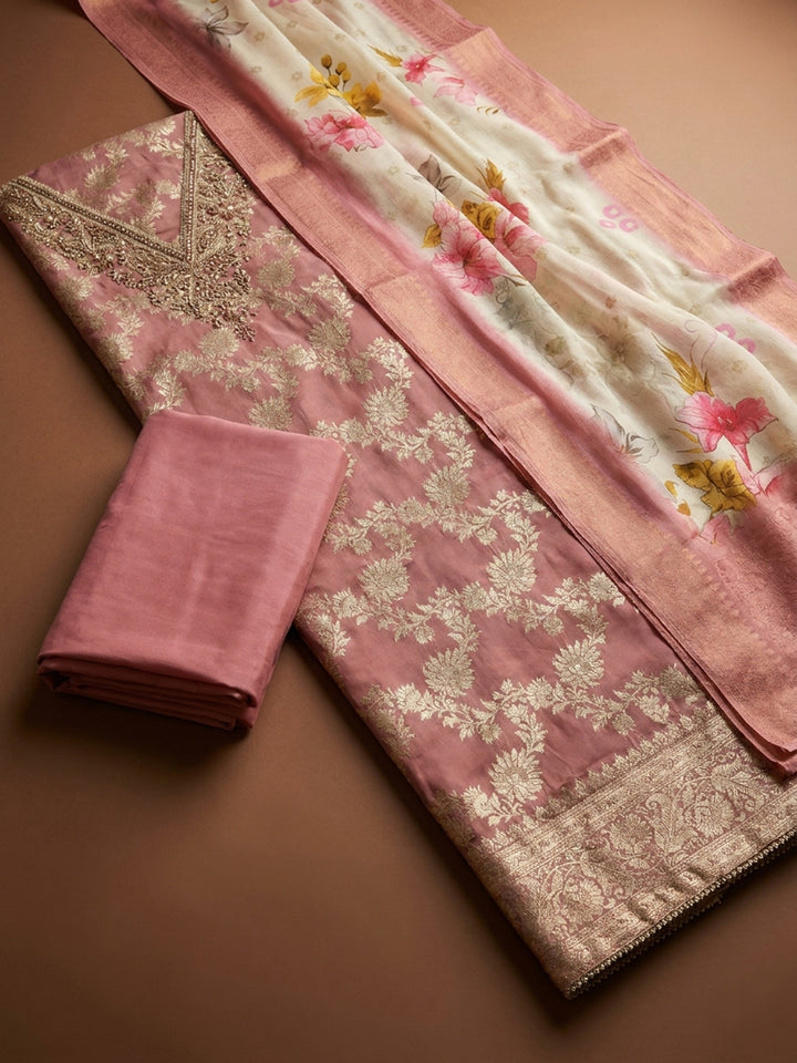 Peach  Chanderi Unstitched Dress Material