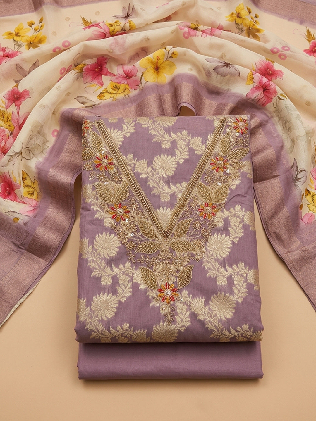 Purple  Chanderi Unstitched Dress Material