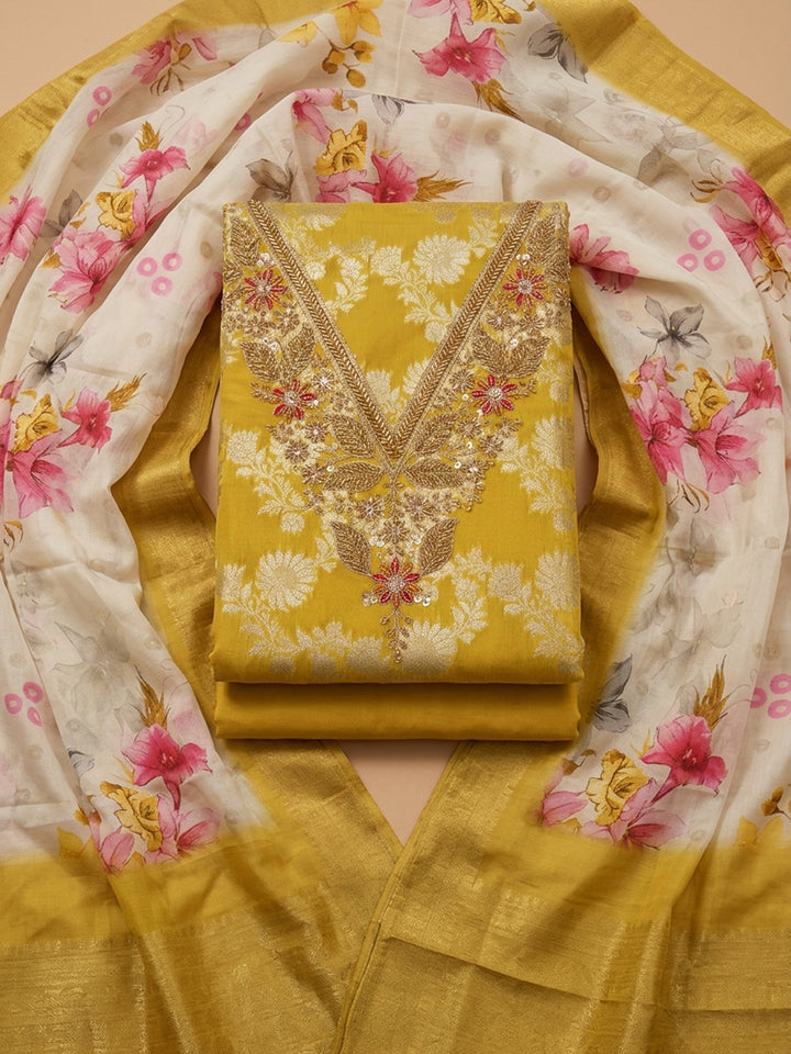 Yellow  Chanderi Unstitched Dress Material