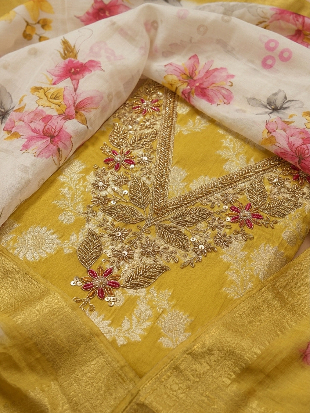 Yellow  Chanderi Unstitched Dress Material