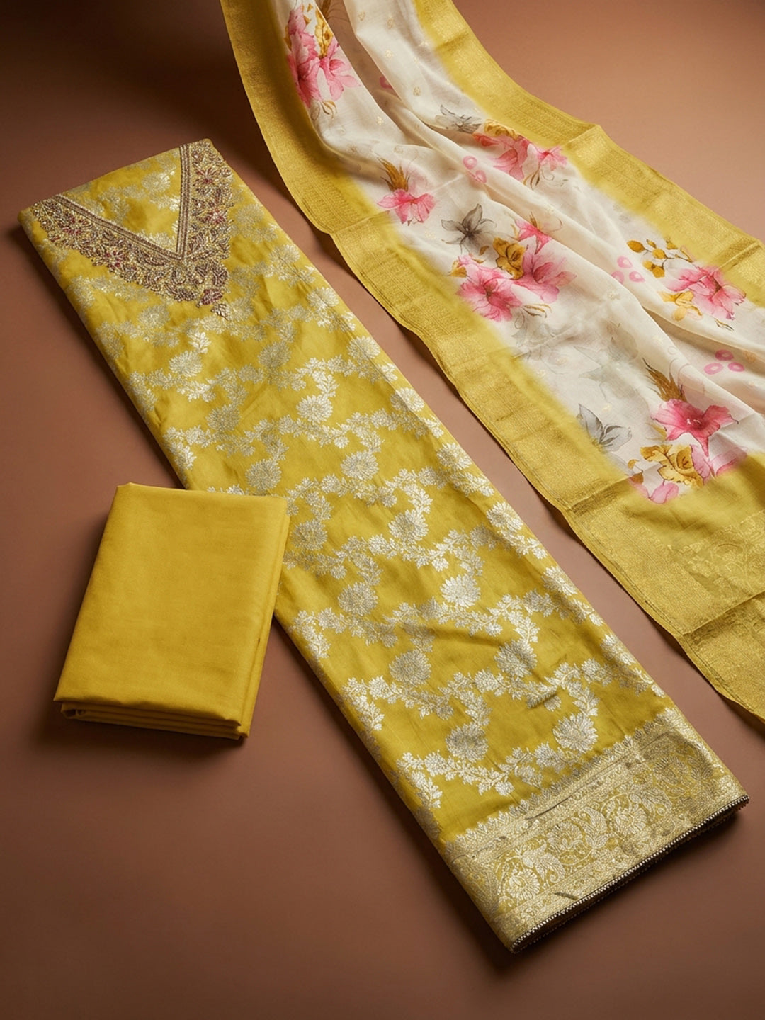 Yellow  Chanderi Unstitched Dress Material