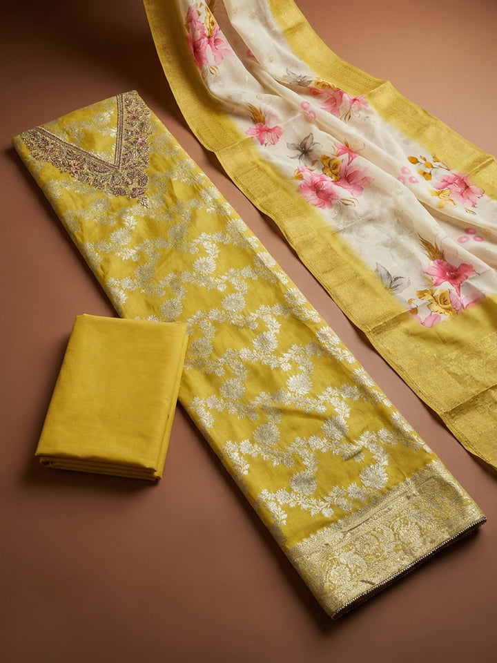 Yellow  Chanderi Unstitched Dress Material