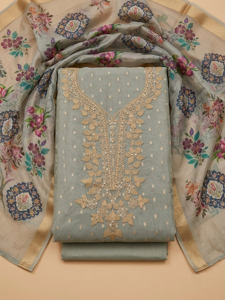 Grey Chanderi Embroidered Unstitched Dress Material