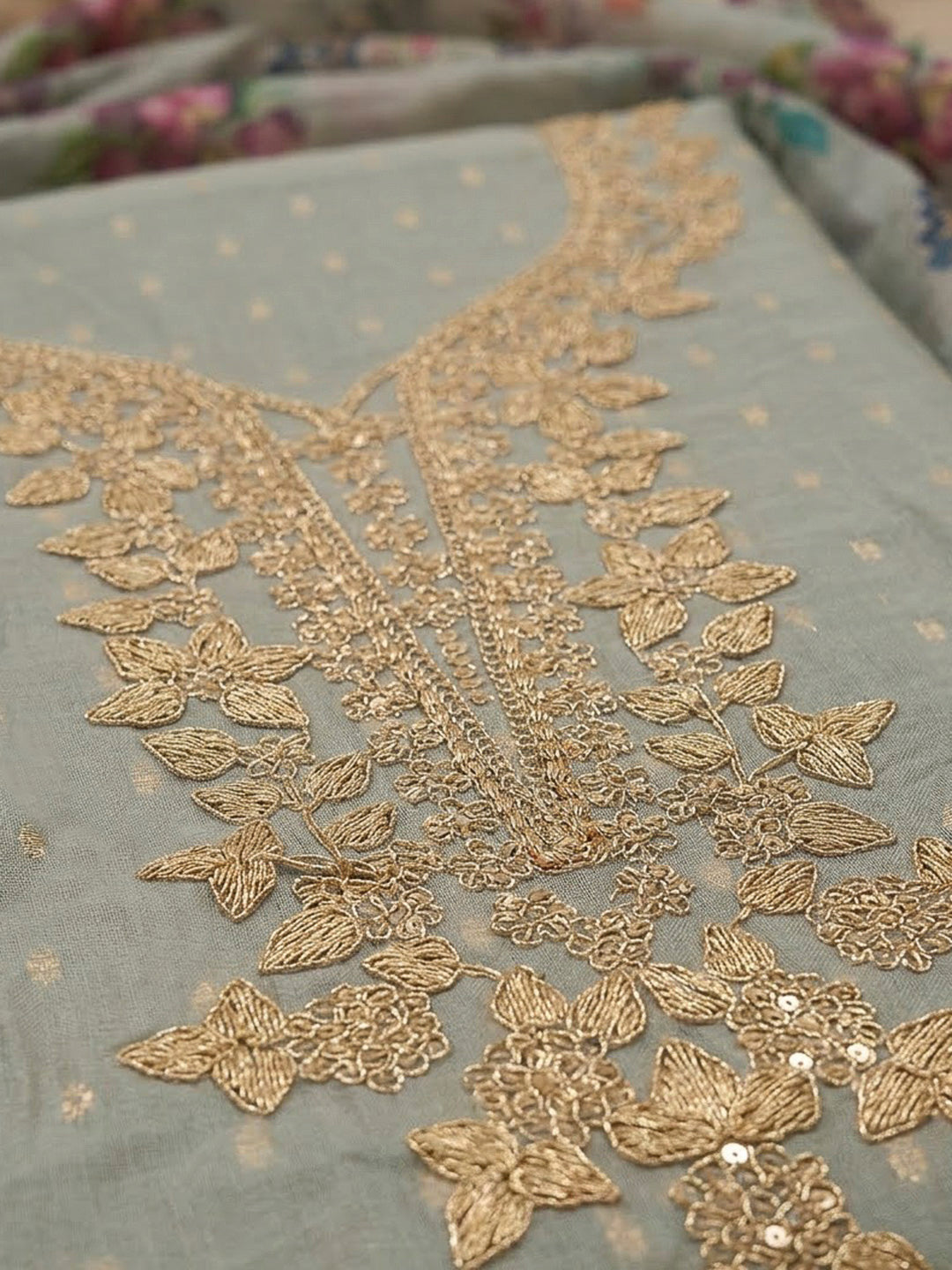 Grey Chanderi Embroidered Unstitched Dress Material