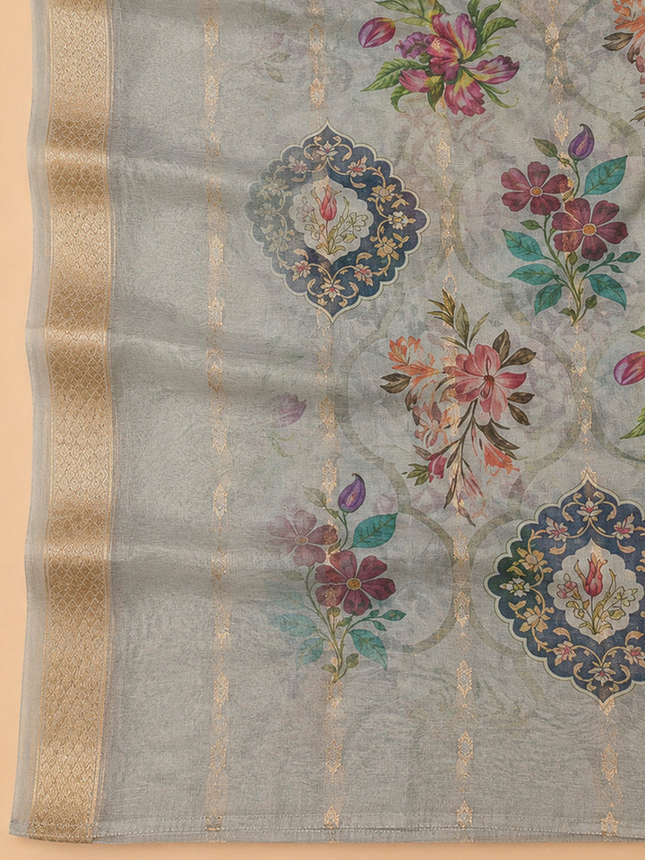 Grey Chanderi Embroidered Unstitched Dress Material