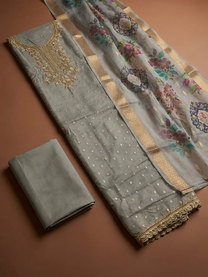 Grey Chanderi Embroidered Unstitched Dress Material