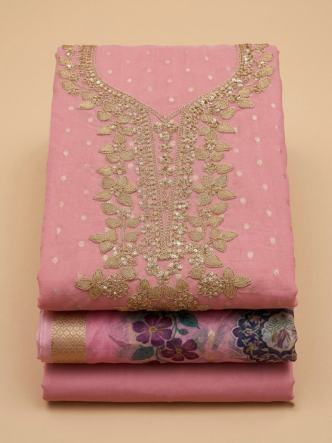 Peach Chanderi Embroidered Unstitched Dress Material