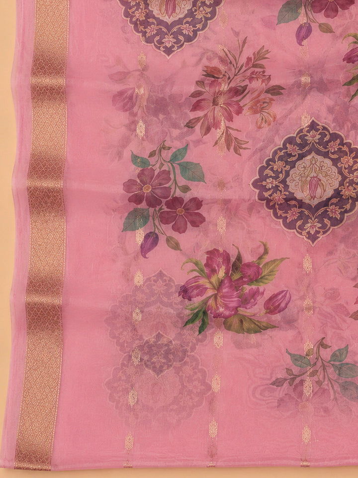 Peach Chanderi Embroidered Unstitched Dress Material