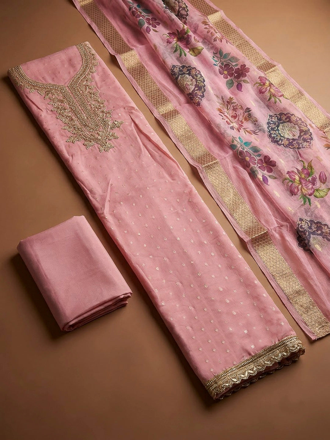 Peach Chanderi Embroidered Unstitched Dress Material