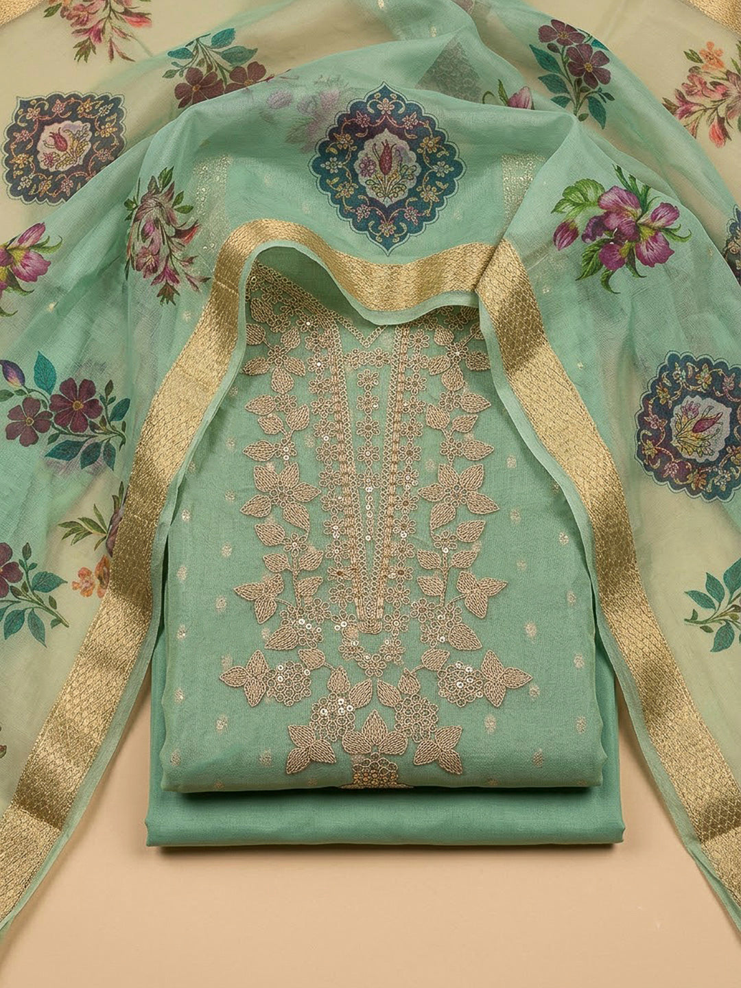 Pista Green Chanderi Embroidered Unstitched Dress Material