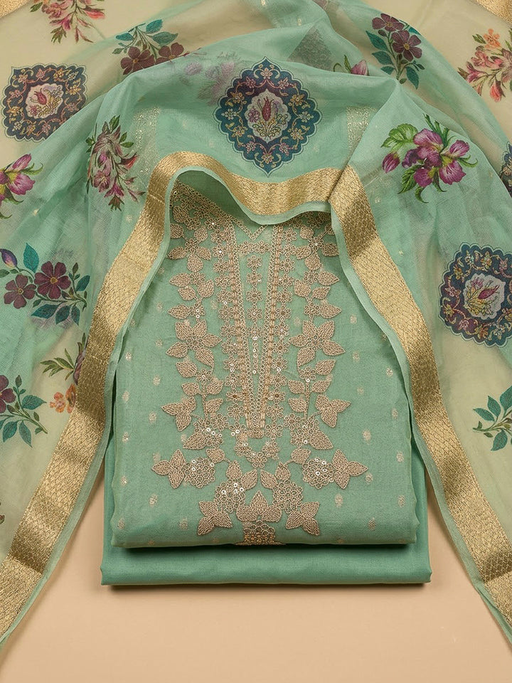 Pista Green Chanderi Embroidered Unstitched Dress Material