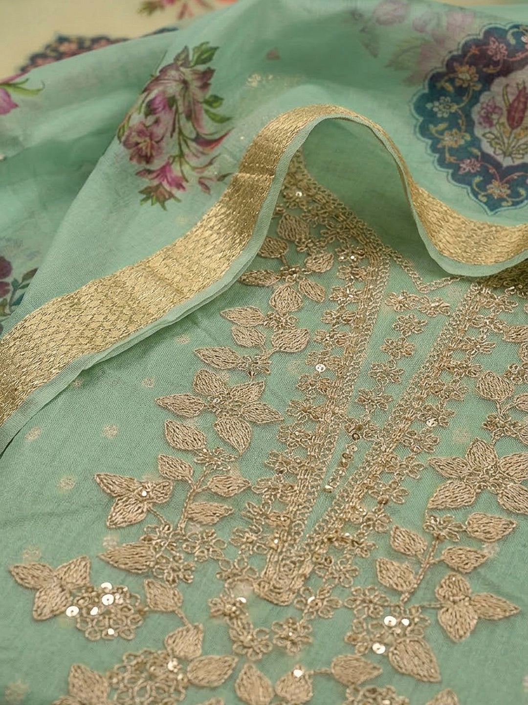 Pista Green Chanderi Embroidered Unstitched Dress Material