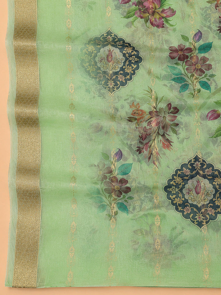 Pista Green Chanderi Embroidered Unstitched Dress Material