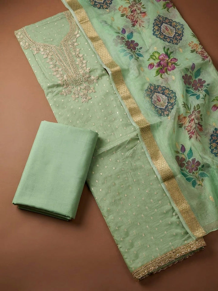 Pista Green Chanderi Embroidered Unstitched Dress Material