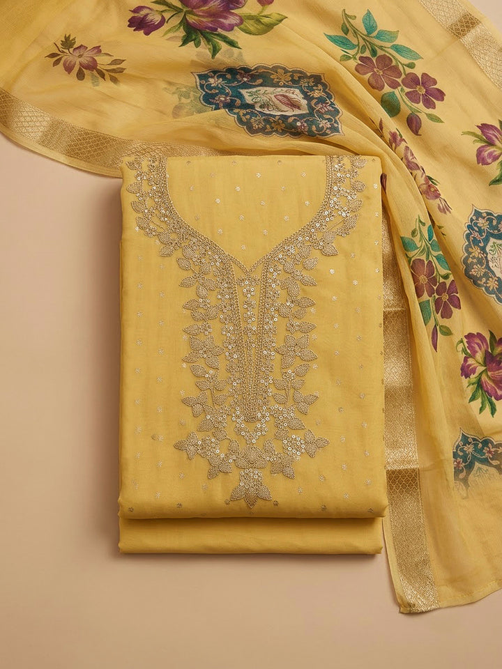 Yellow Chanderi Embroidered Unstitched Dress Material