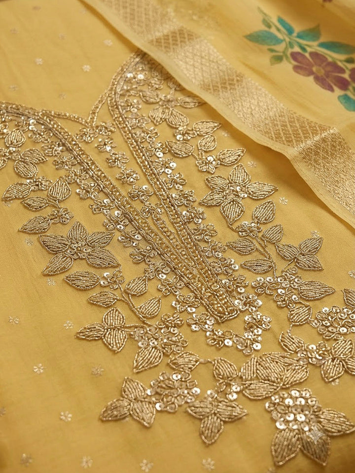 Yellow Chanderi Embroidered Unstitched Dress Material