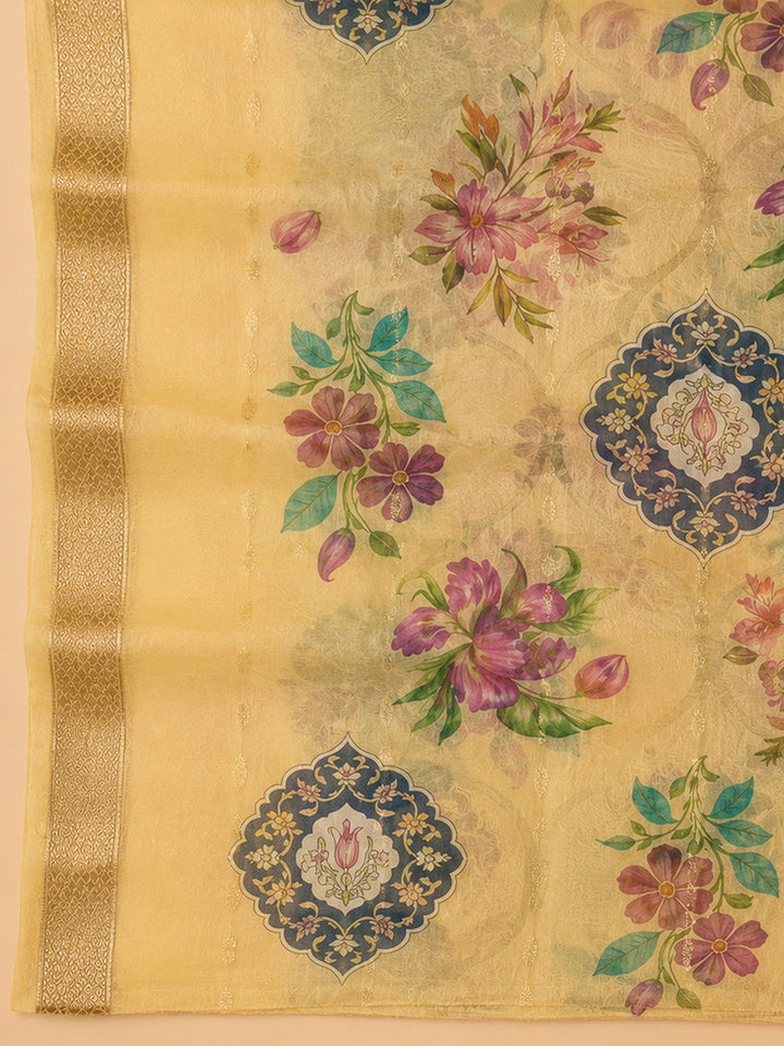 Yellow Chanderi Embroidered Unstitched Dress Material