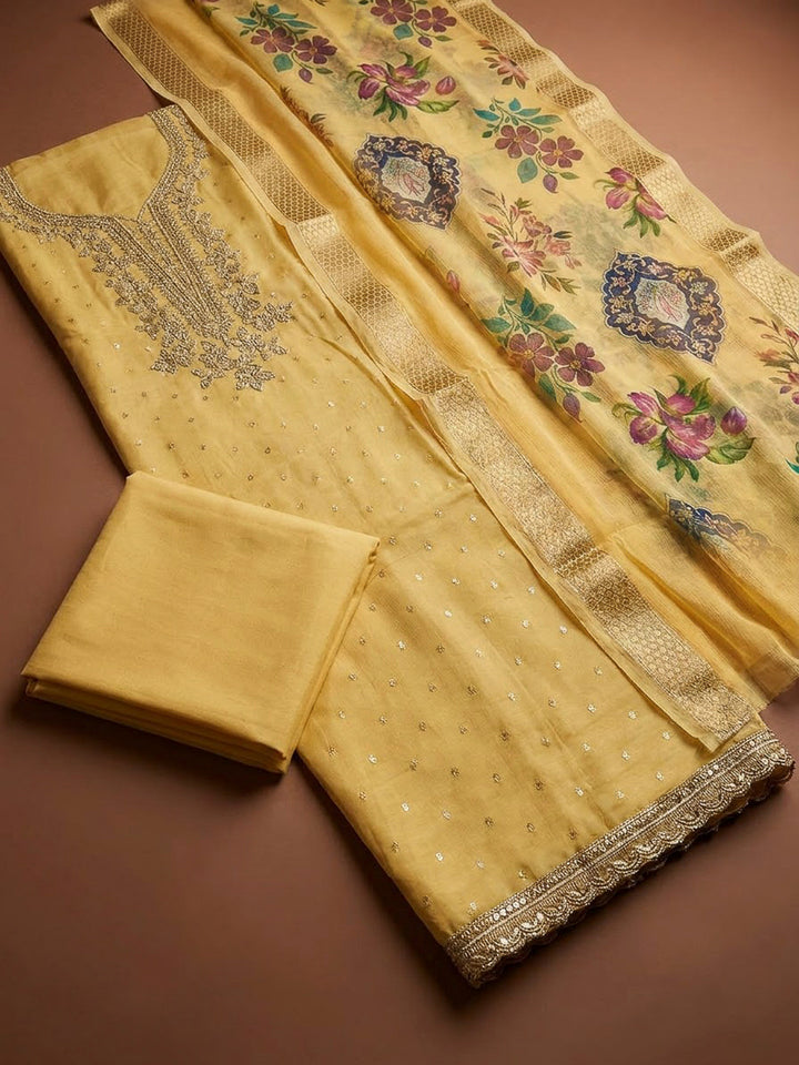 Yellow Chanderi Embroidered Unstitched Dress Material