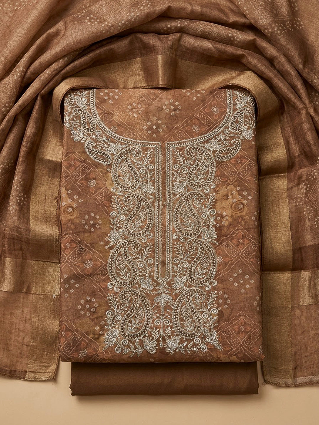 Brown Chanderi Embroidered Unstitched Dress Material