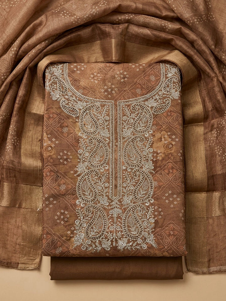Brown Chanderi Embroidered Unstitched Dress Material