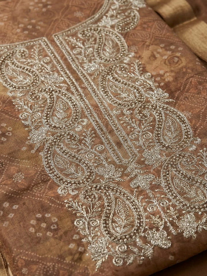Brown Chanderi Embroidered Unstitched Dress Material