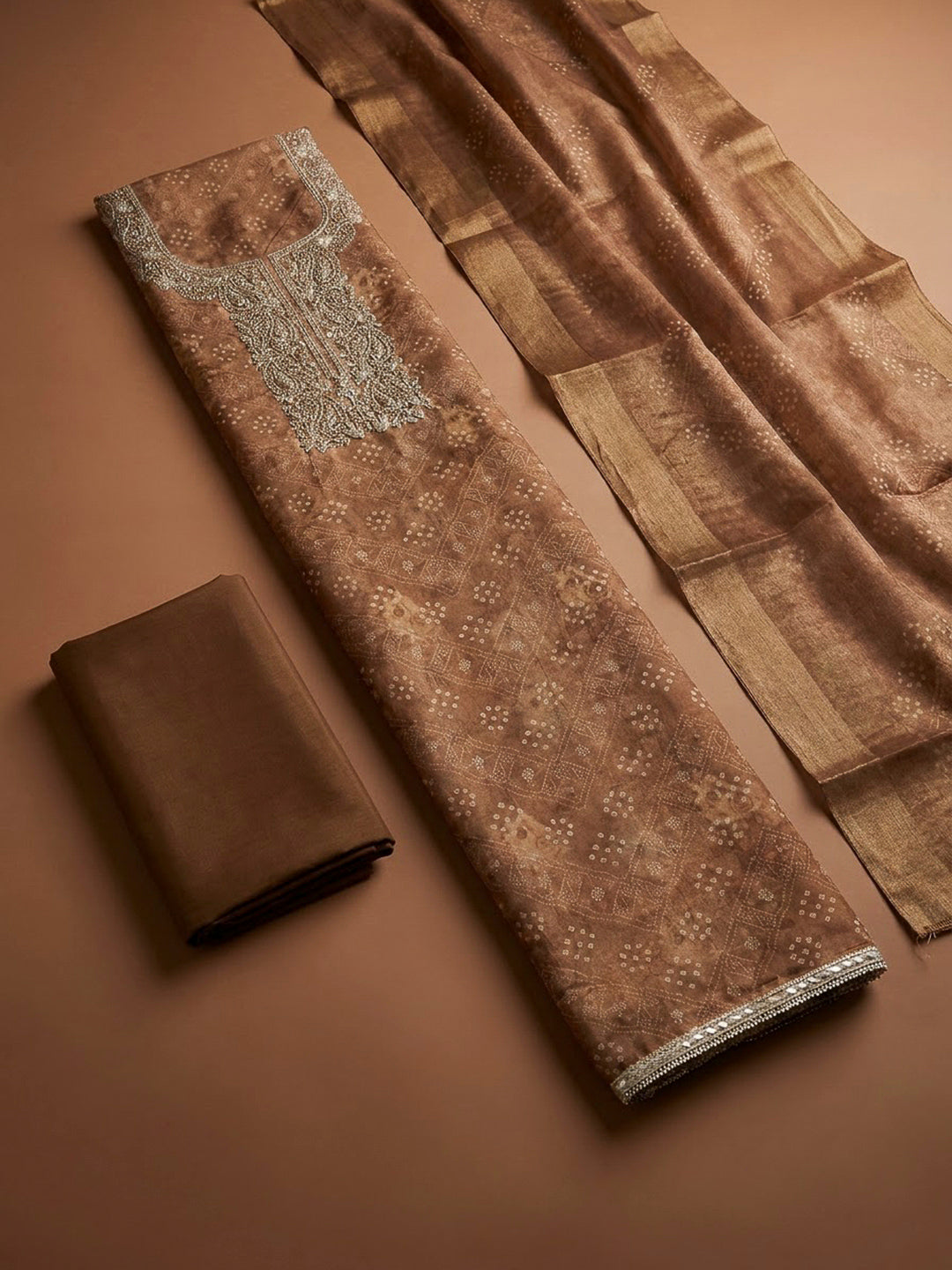Brown Chanderi Embroidered Unstitched Dress Material