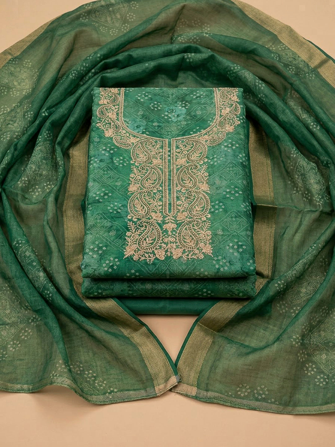 Green Chanderi Embroidered Unstitched Dress Material