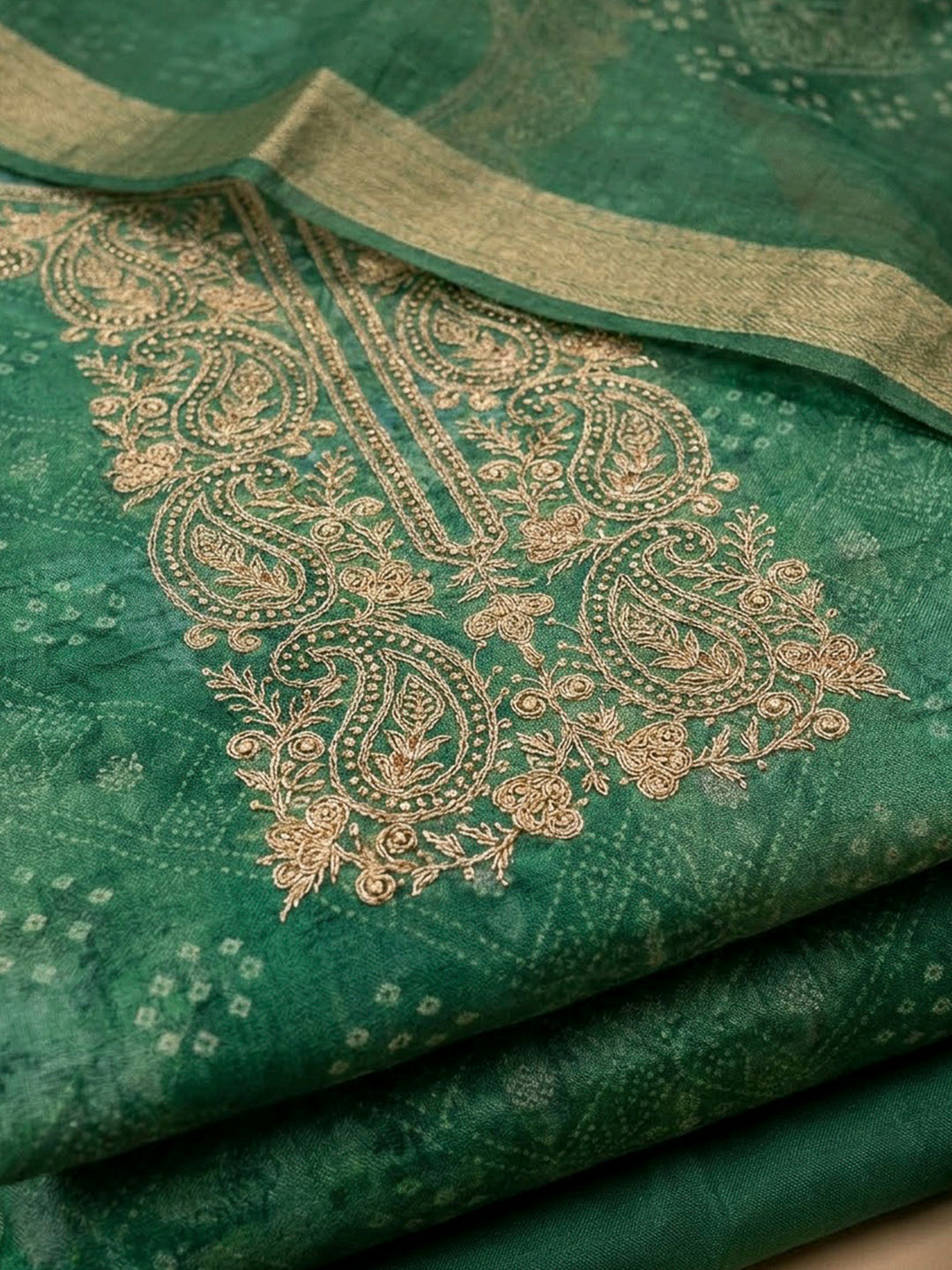Green Chanderi Embroidered Unstitched Dress Material