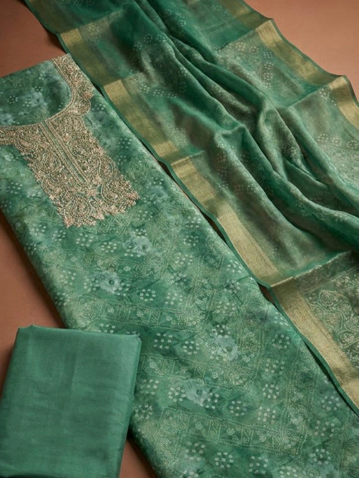 Green Chanderi Embroidered Unstitched Dress Material
