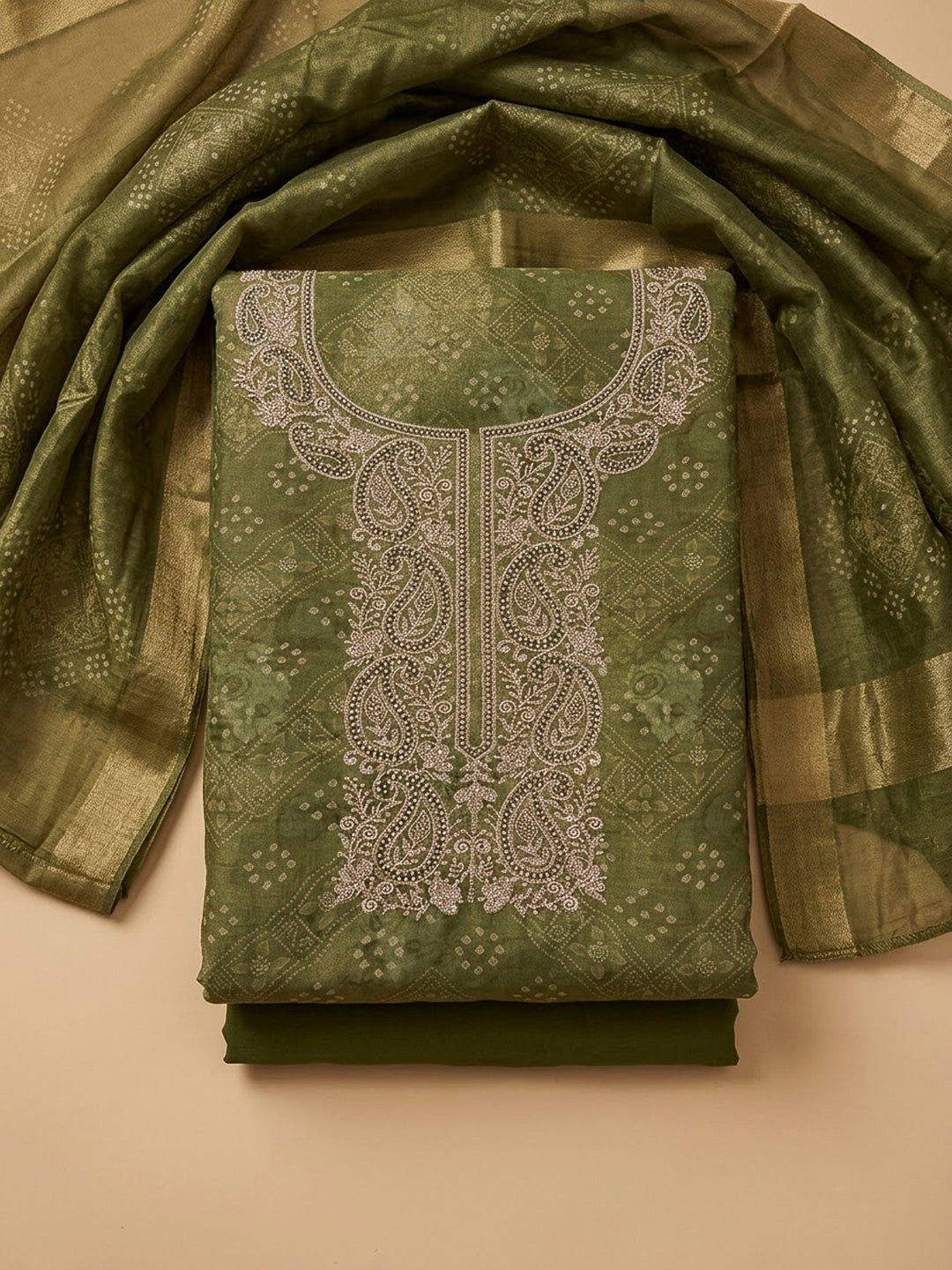 Mehndi Chanderi Embroidered Unstitched Dress Material