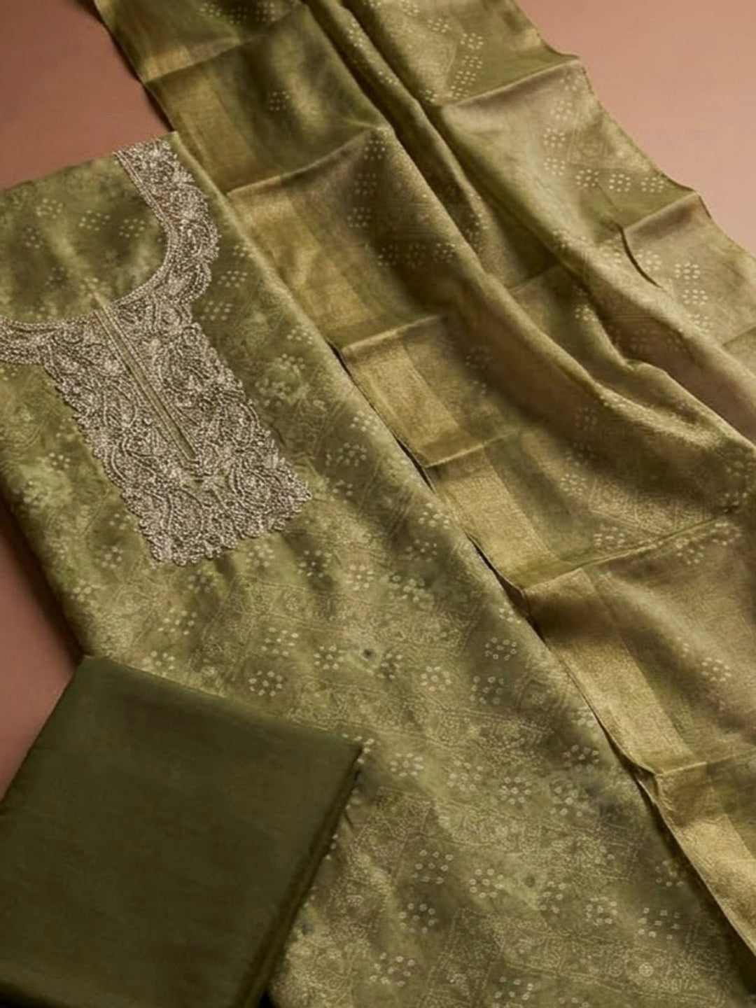 Mehndi Chanderi Embroidered Unstitched Dress Material