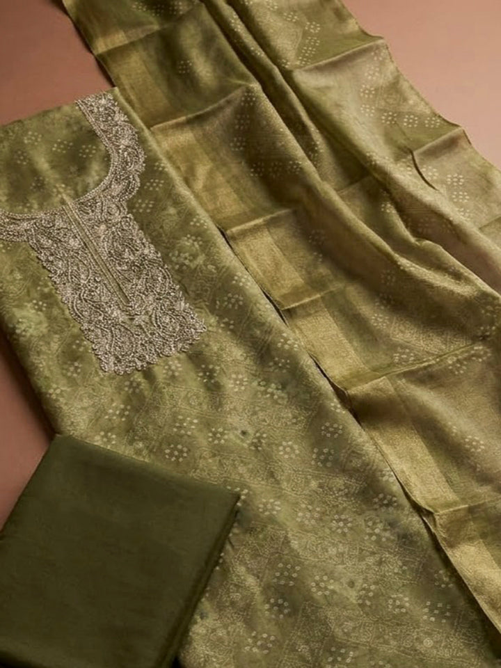 Mehndi Chanderi Embroidered Unstitched Dress Material