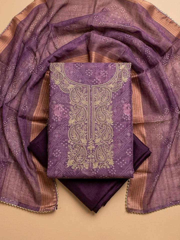 Purple Chanderi Embroidered Unstitched Dress Material