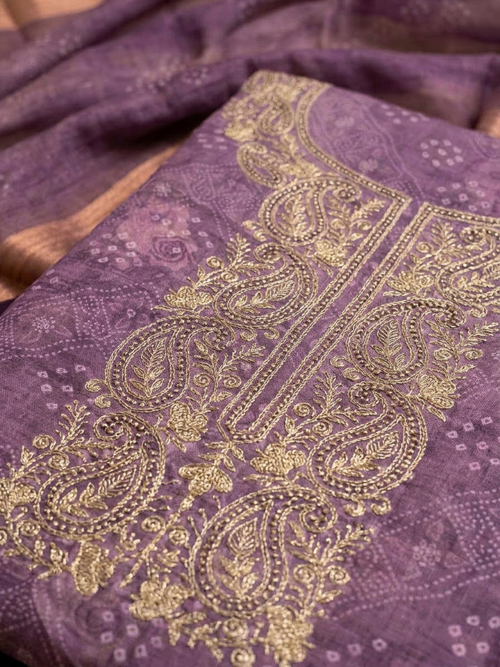 Purple Chanderi Embroidered Unstitched Dress Material
