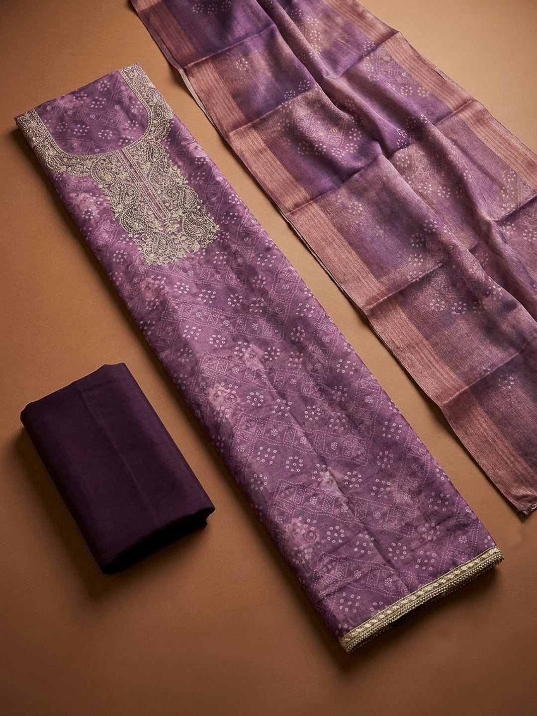 Purple Chanderi Embroidered Unstitched Dress Material