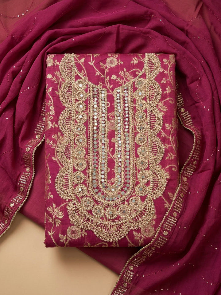 Hot Pink Chanderi Embroidered Unstitched Dress Material