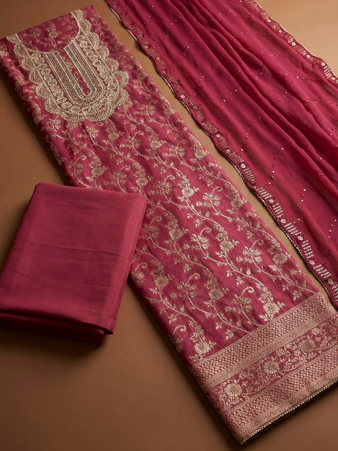 Hot Pink Chanderi Embroidered Unstitched Dress Material